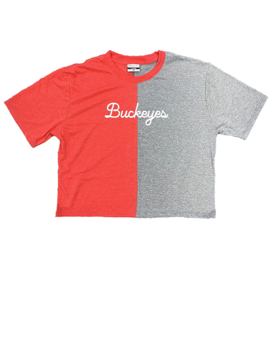 Buckeyes Script Embroidered Split Cropped Tee