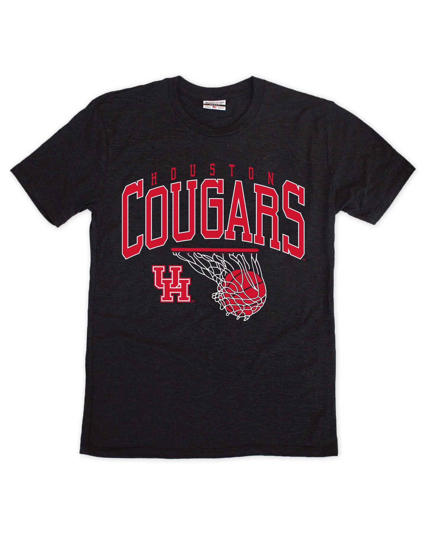 Black t-shirt with red 'Houston Cougars' text and logo on a white background