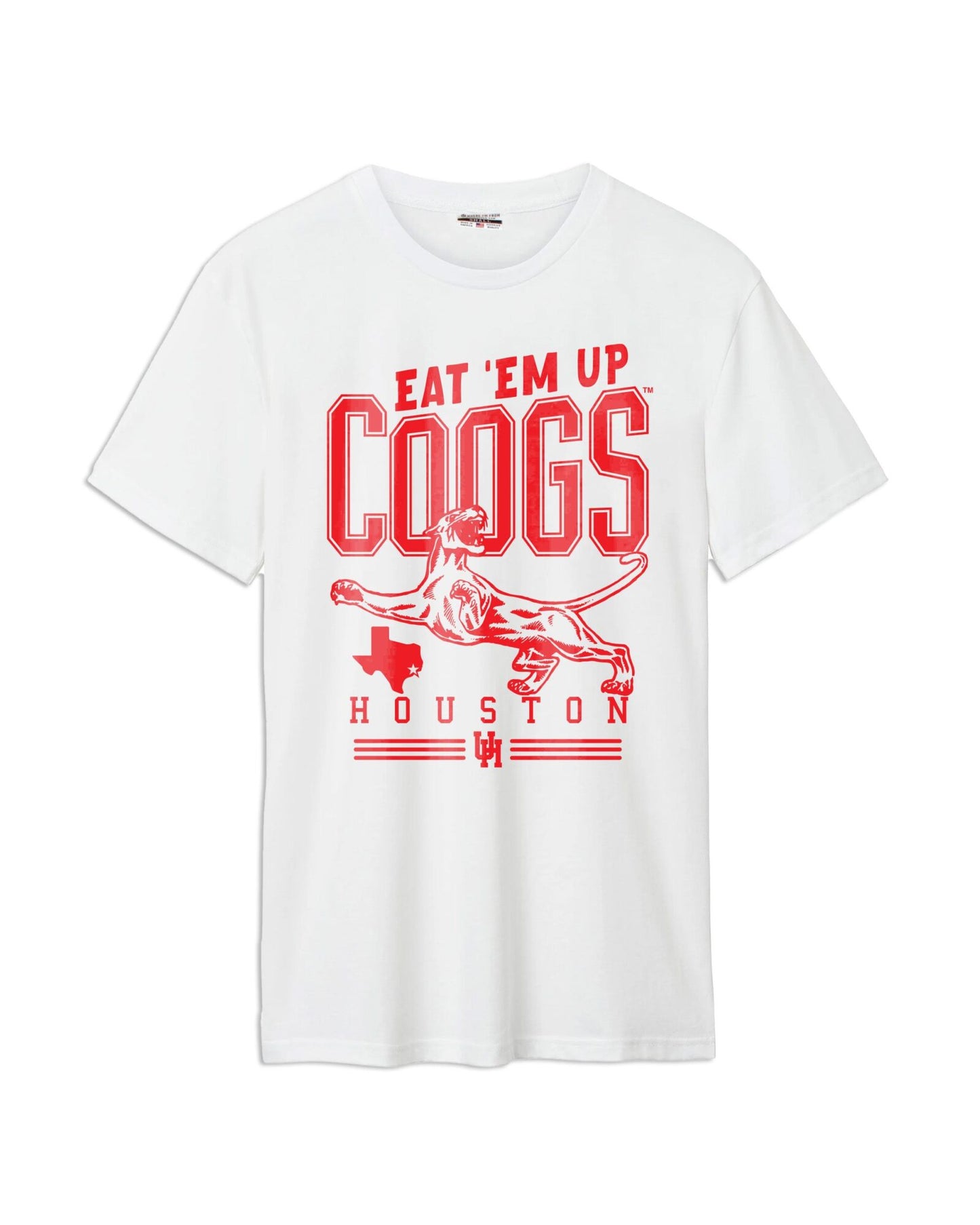 White t-shirt with red graphic and text on a white background