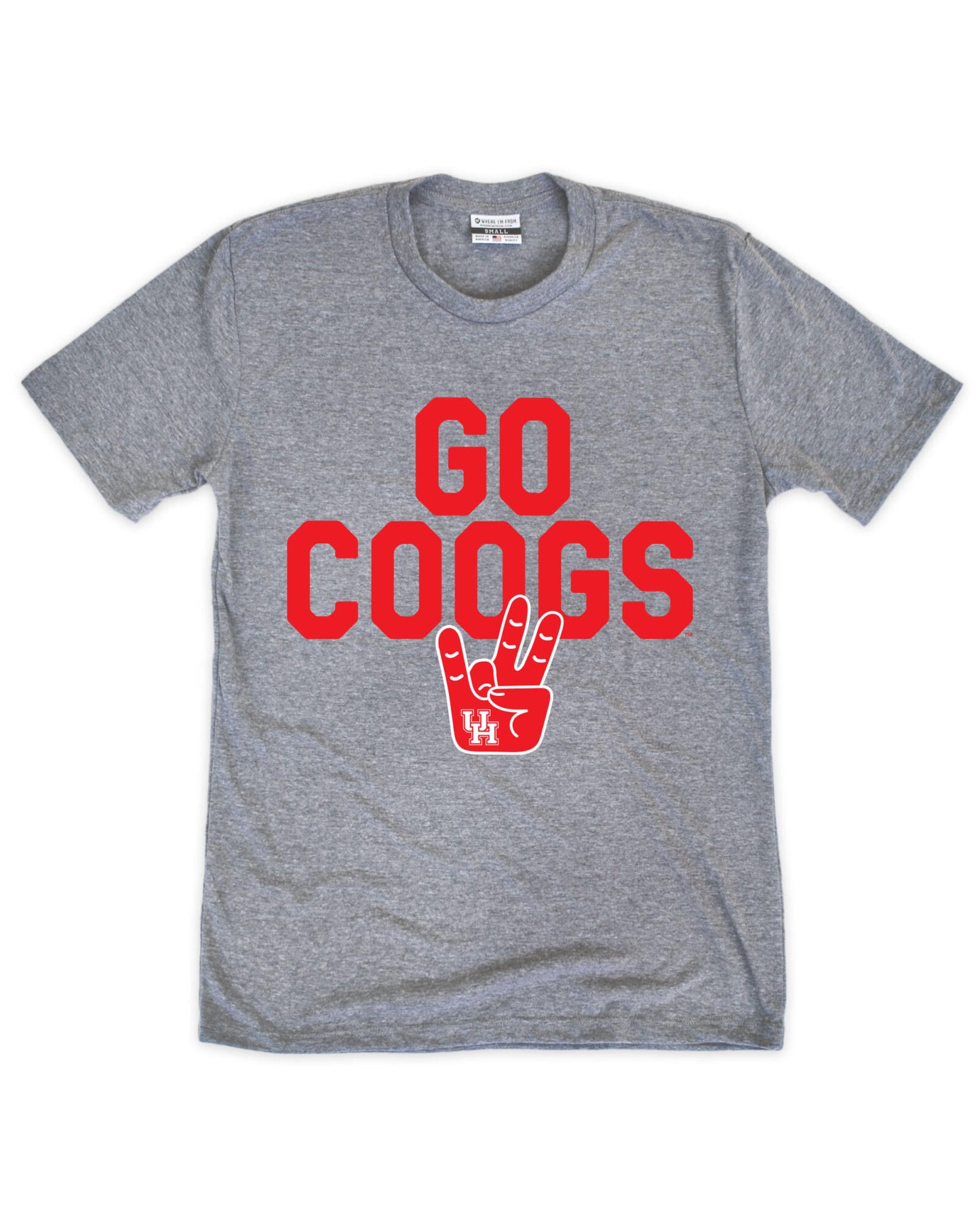 Gray t-shirt with red 'GO COOGS' text and hand gesture design on a white background