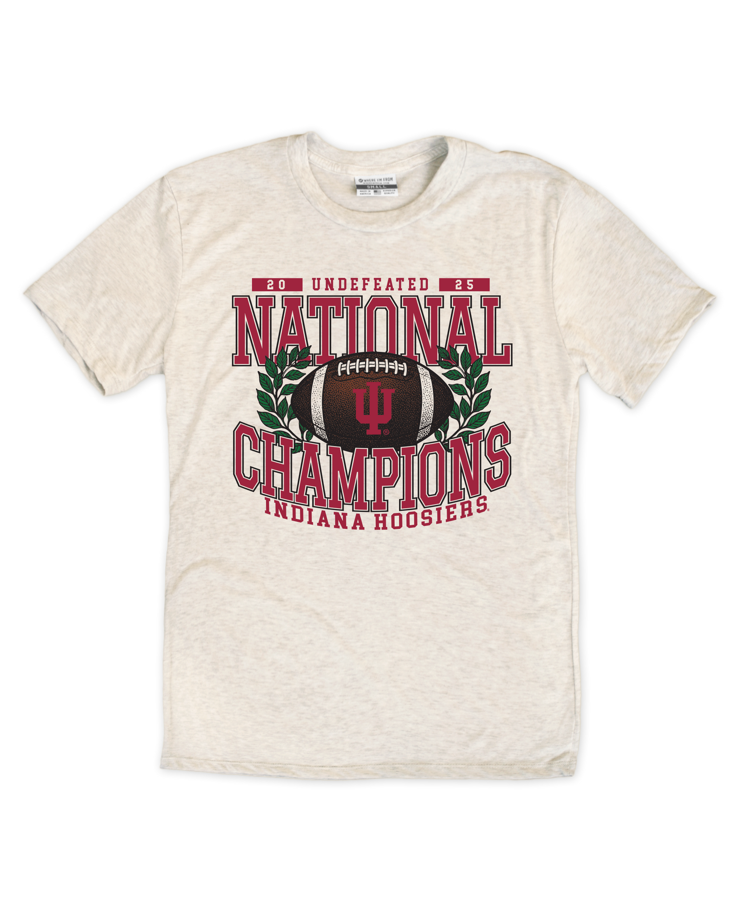Beige t-shirt with Indiana Hoosiers football graphic on a white background