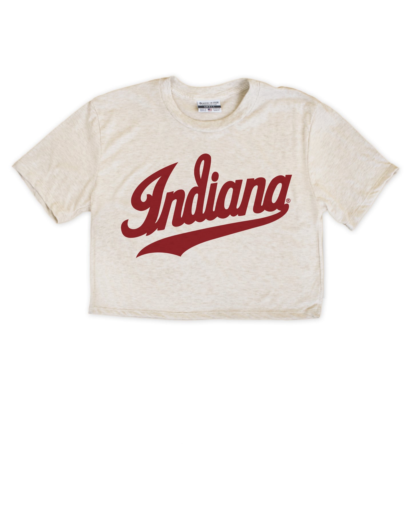 Beige t-shirt with 'Indiana' printed in red on a white background