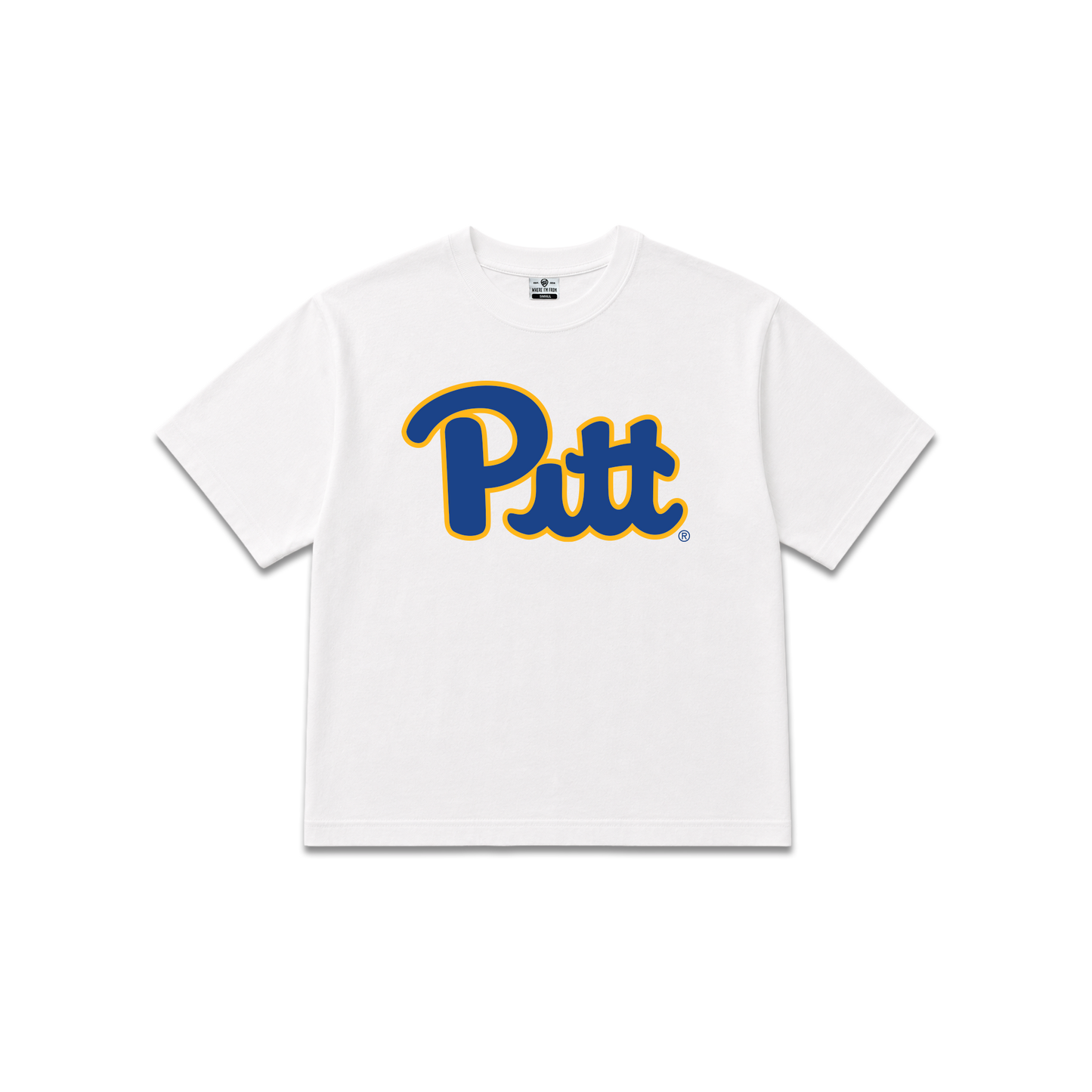 White University of Pittsburgh Panthers, womens oversized cropped tee, Pitt script.