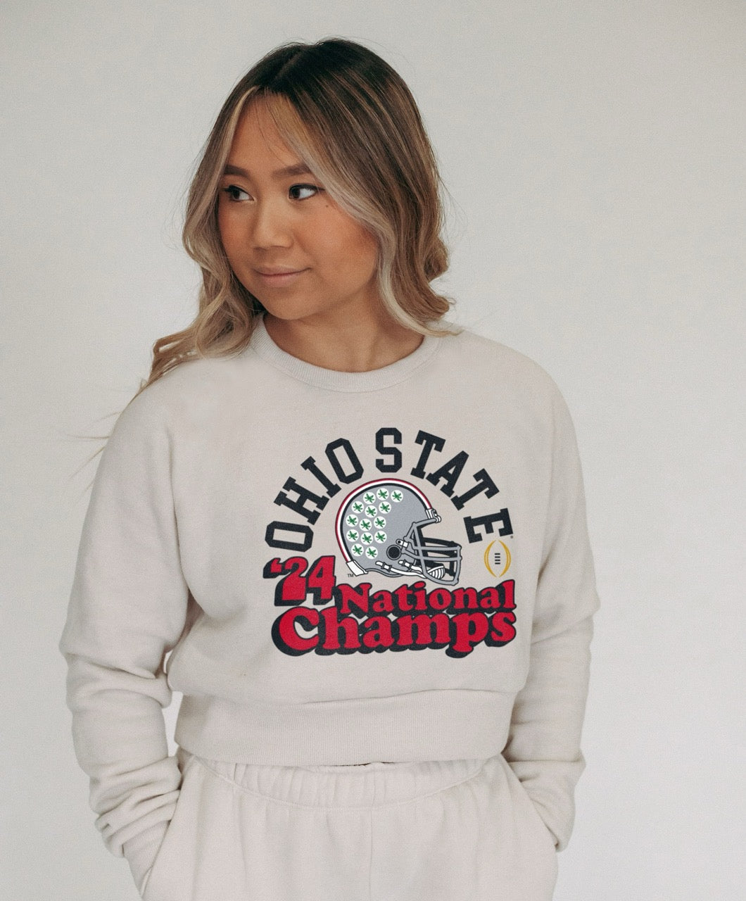 Ohio State Buckeyes College Football Playoff 2024 National Champions Women's Cropped Crew Sweatshirt