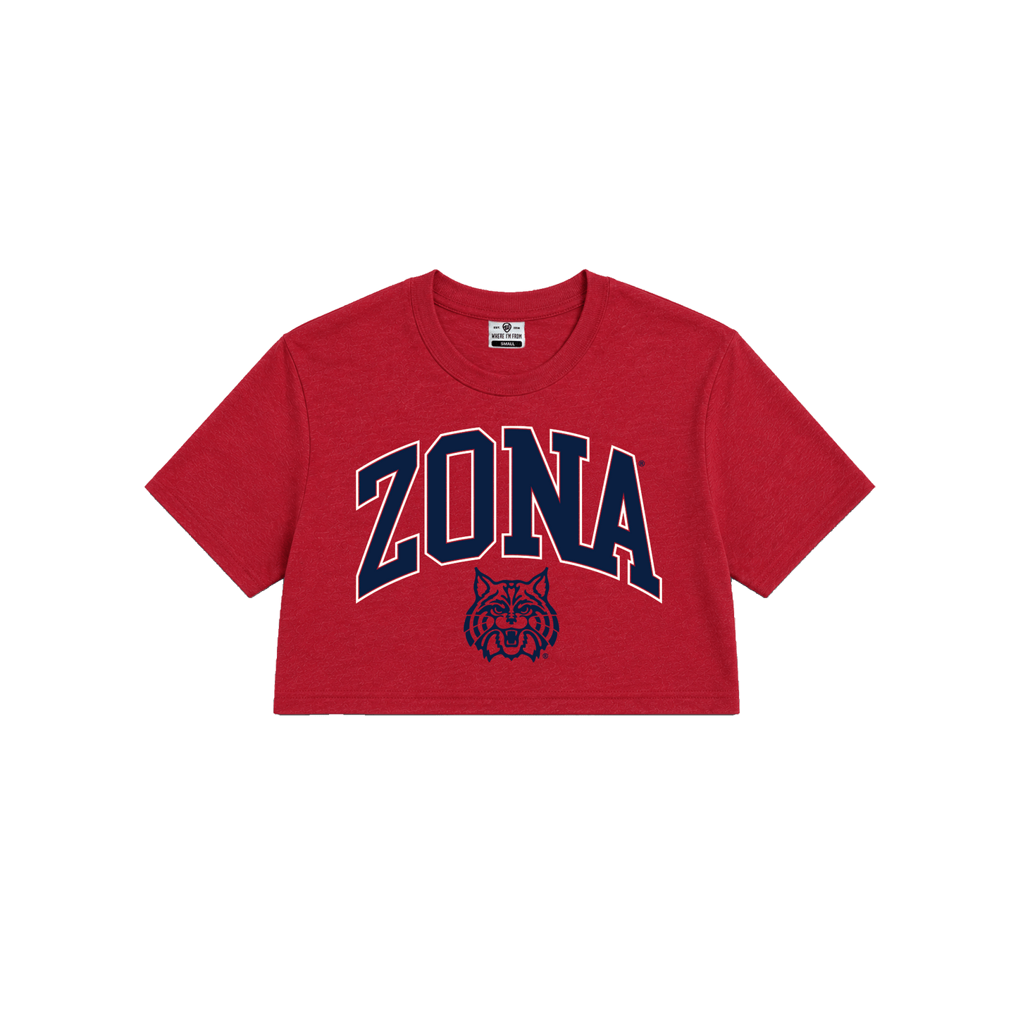 Red University of Arizona wildcats, cropped womens tee, ZONA oversized text, wildcat logo.