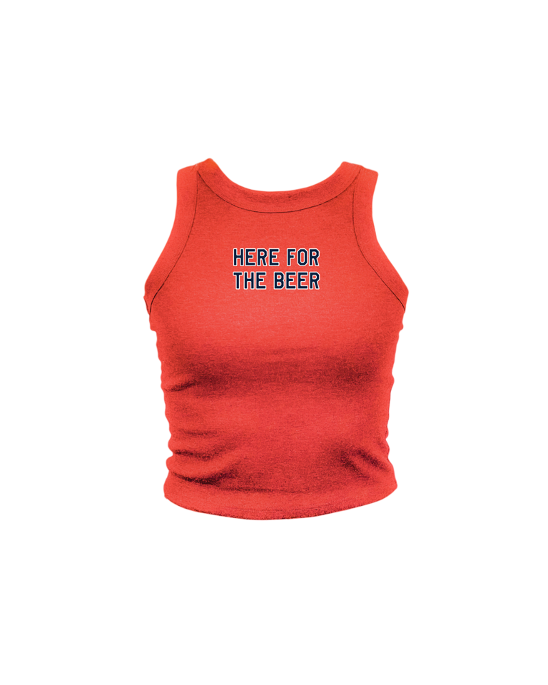Red tank top with 'HERE FOR THE BEER' text