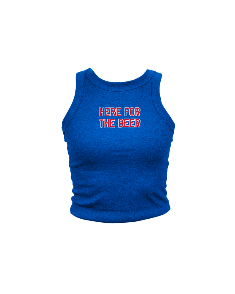 Blue tank top with 'HERE FOR THE BEER' text