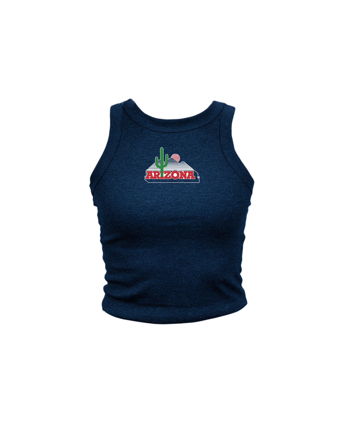 A navy blue ribbed tank top featuring a retro 'Arizona' desert landscape graphic on the chest, displayed against a solid white background.