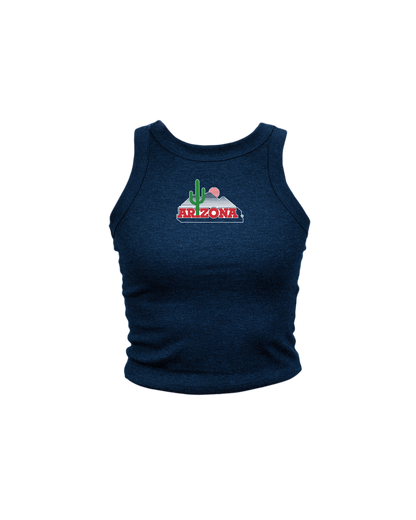 A navy blue ribbed tank top featuring a retro 'Arizona' desert landscape graphic on the chest, displayed against a solid white background.