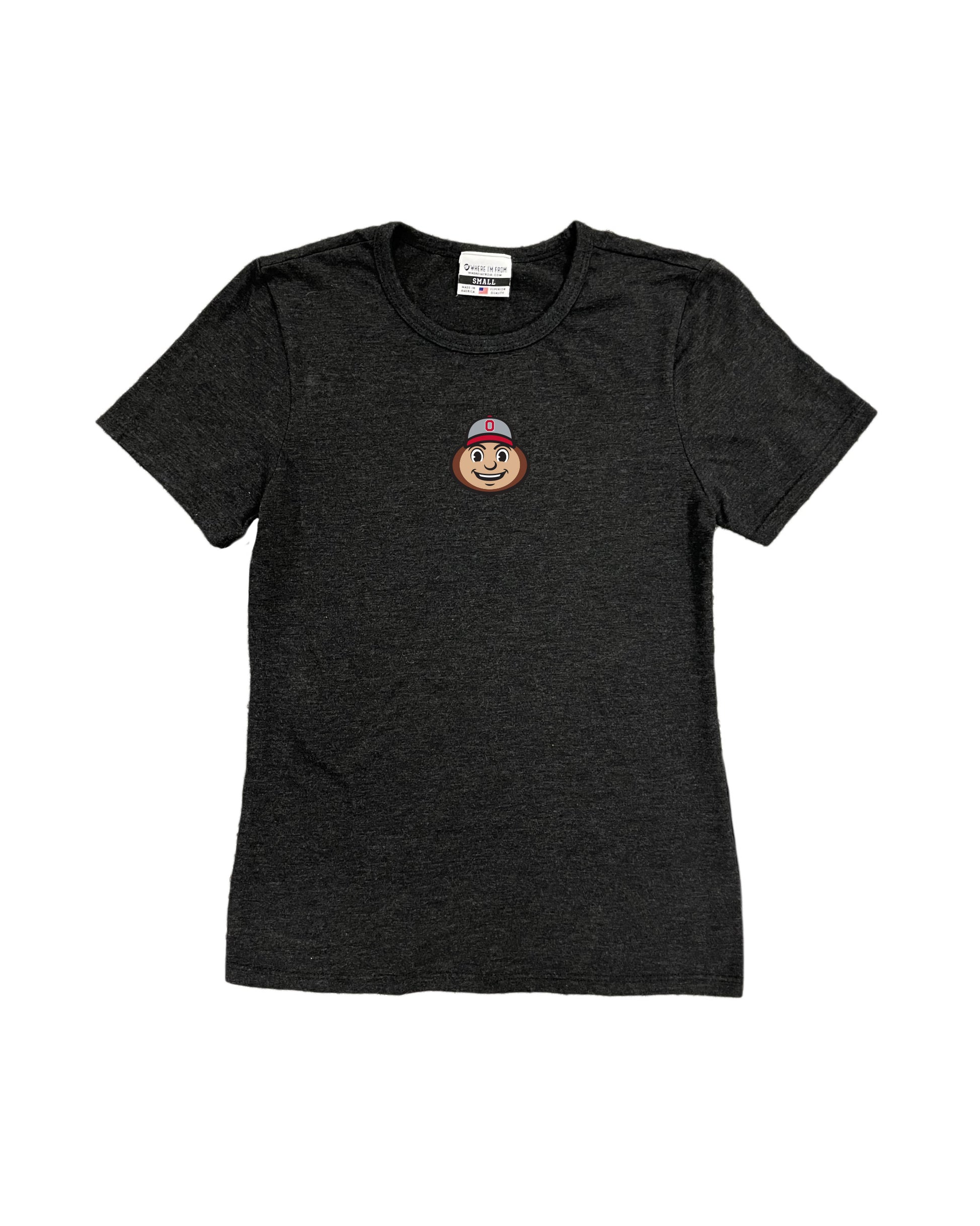 Ohio state university, women's black tee, brutus head graphic on chest.