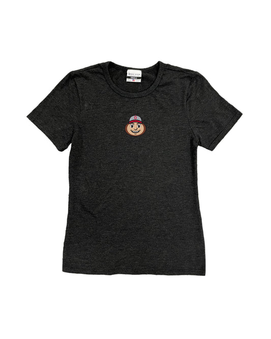 Ohio state university, women's black tee, brutus head graphic on chest.