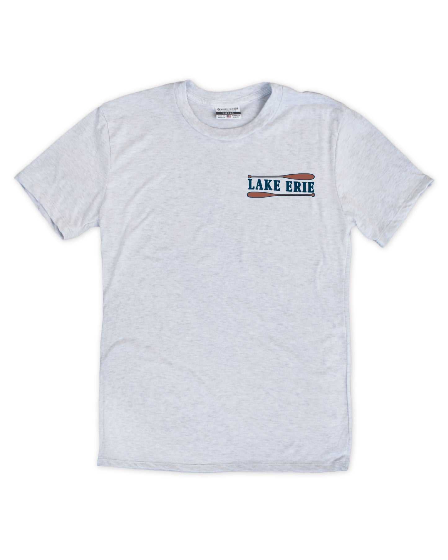 Light gray t-shirt with 'Lake Erie' text with oars on a white background