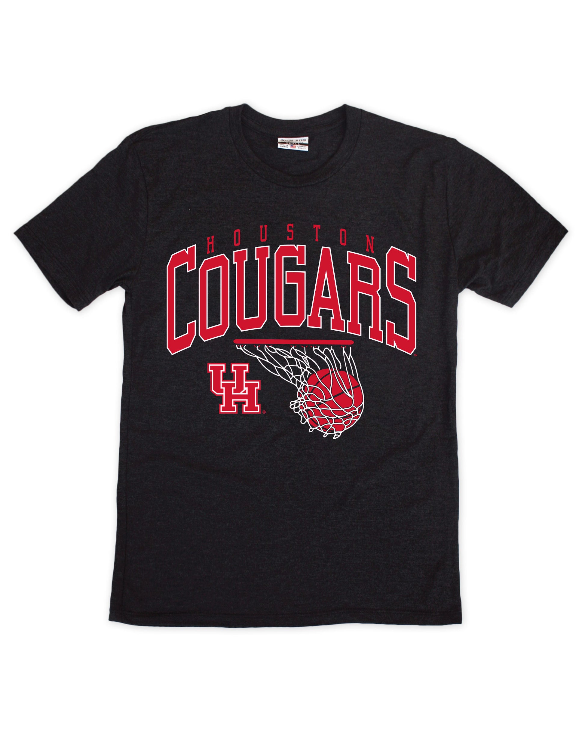 Black t-shirt with red 'Houston Cougars' text and logo on a white background