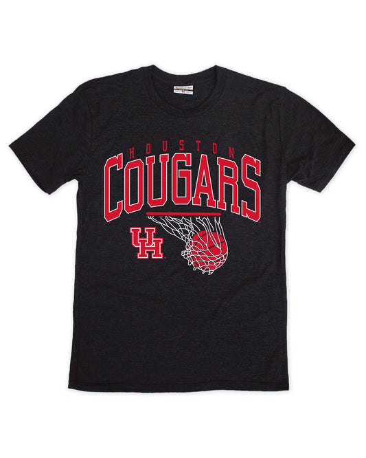 Black t-shirt with red 'Houston Cougars' text and logo on a white background