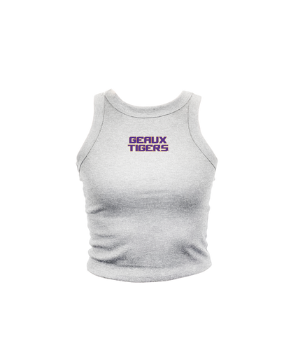 Louisiana state university light gray women's crop tank, geaux tigers text chest