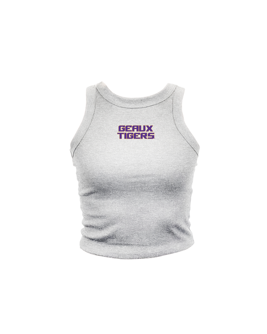 Louisiana state university light gray women's crop tank, geaux tigers text chest