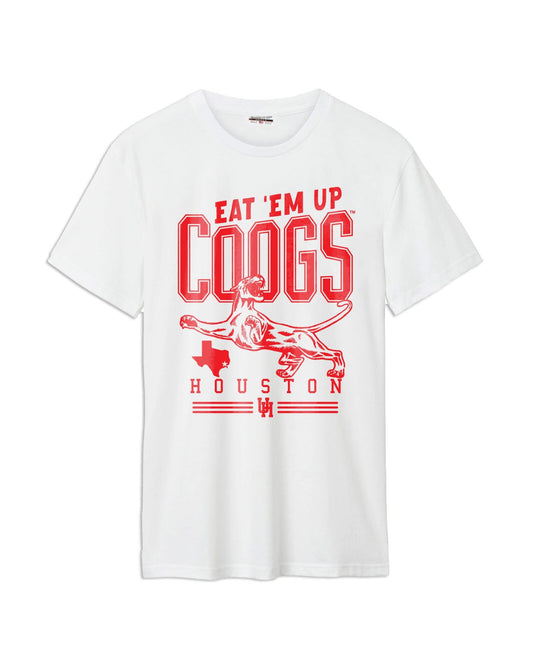 White t-shirt with red graphic and text on a white background
