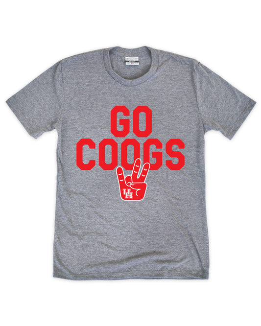 Gray t-shirt with red 'GO COOGS' text and hand gesture design on a white background