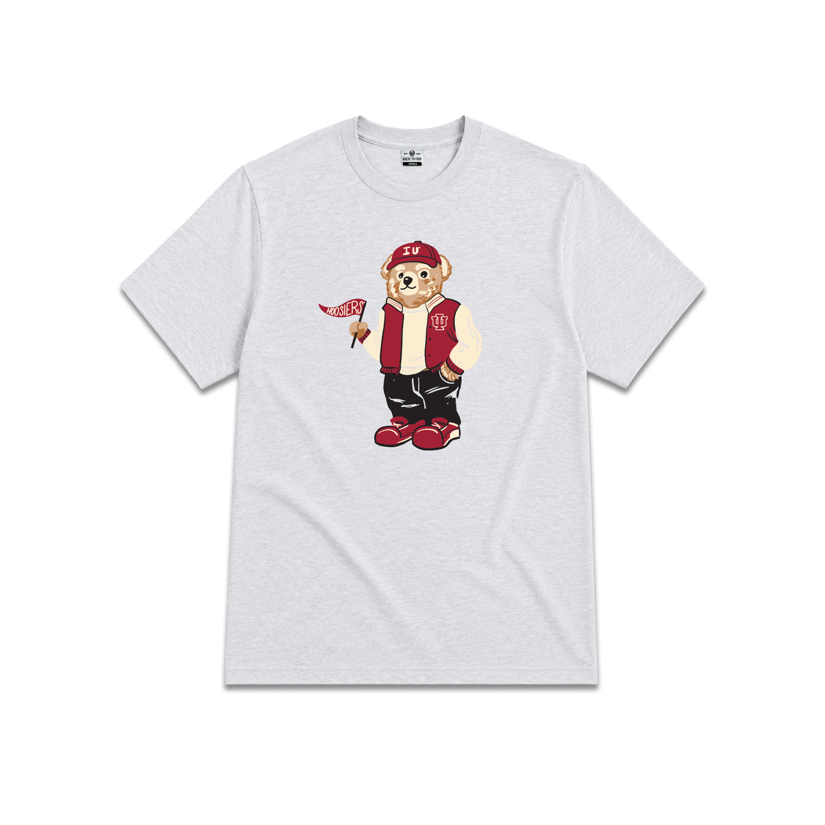 Light gray short-sleeve crewneck t-shirt, graphic of a teddy bear wearing a IU red varsity jacket, red cap, and black pants, holding a small red and white flag.