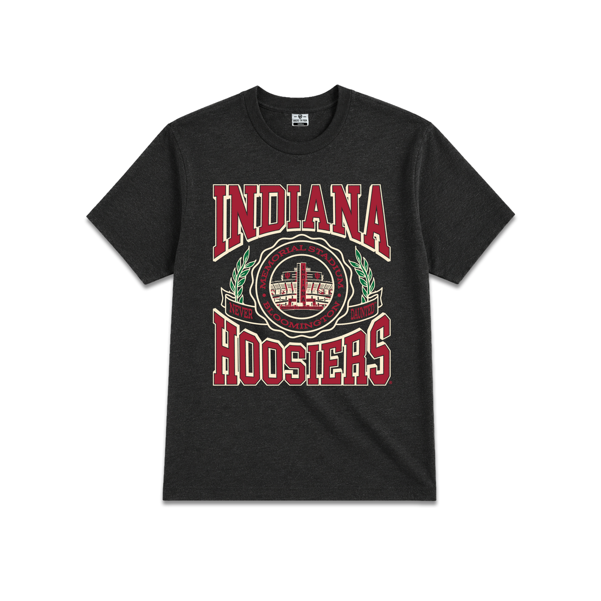 Black short-sleeve t-shirt, distressed red and green graphic print, 'INDIANA HOOSIERS' football and stadium emblem in the center.