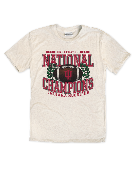 Beige t-shirt with Indiana Hoosiers football graphic on a white background