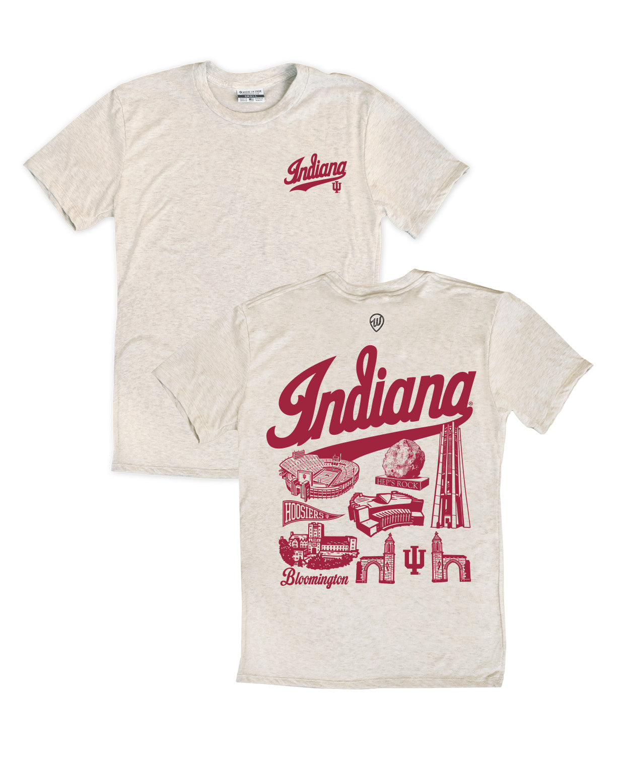 Two cream-colored t-shirts with red graphics and text on a white background
