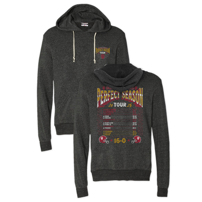 Dark gray hoodie with 'Perfect Season' tour design on a white background