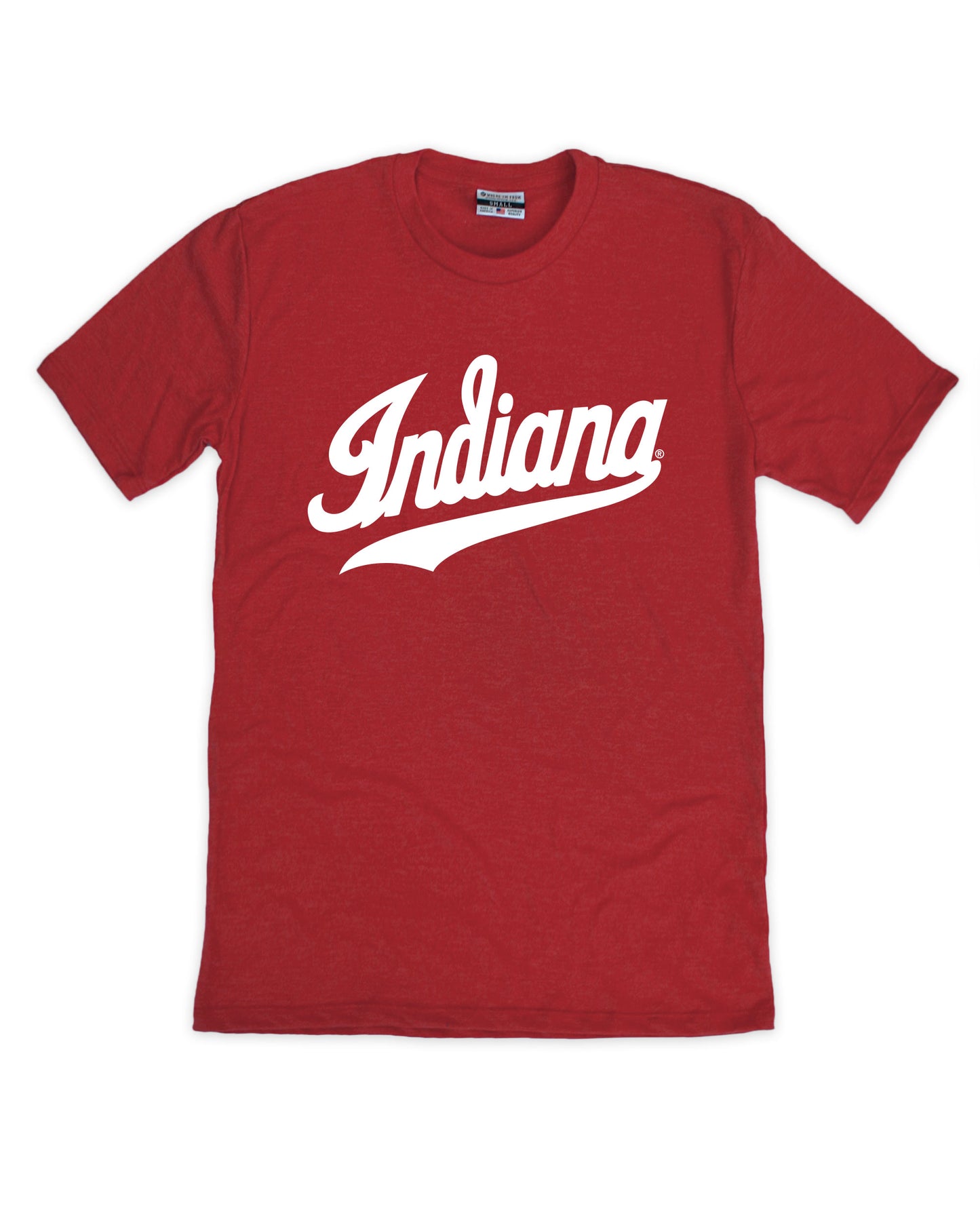 Red t-shirt with 'Indiana' printed in white on a white background