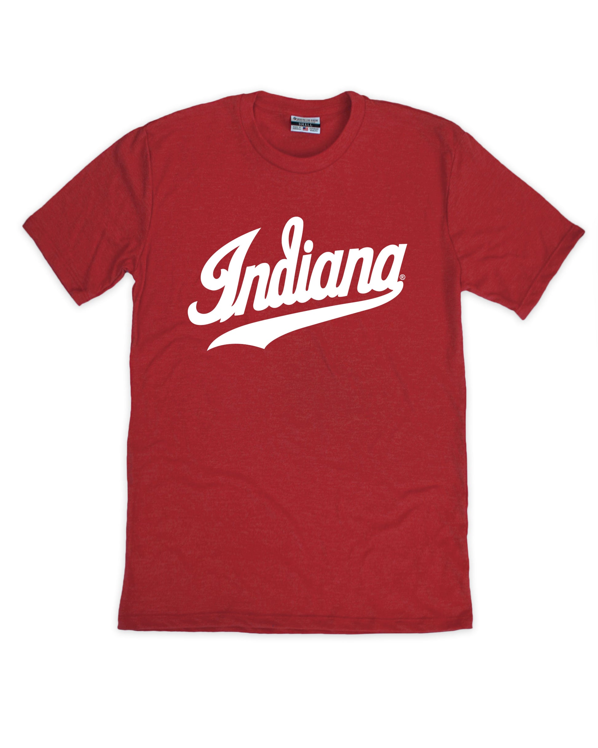 Red t-shirt with 'Indiana' printed in white on a white background