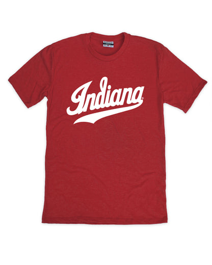 Red t-shirt with 'Indiana' printed in white on a white background