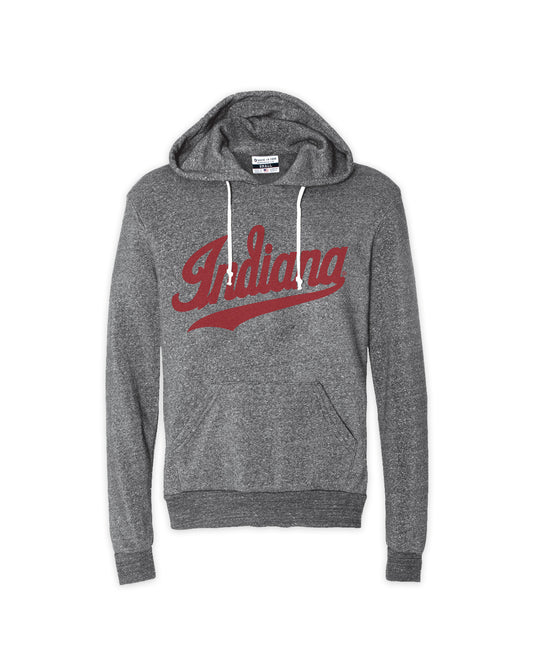 Gray hoodie with 'Indiana' printed in red on a white background
