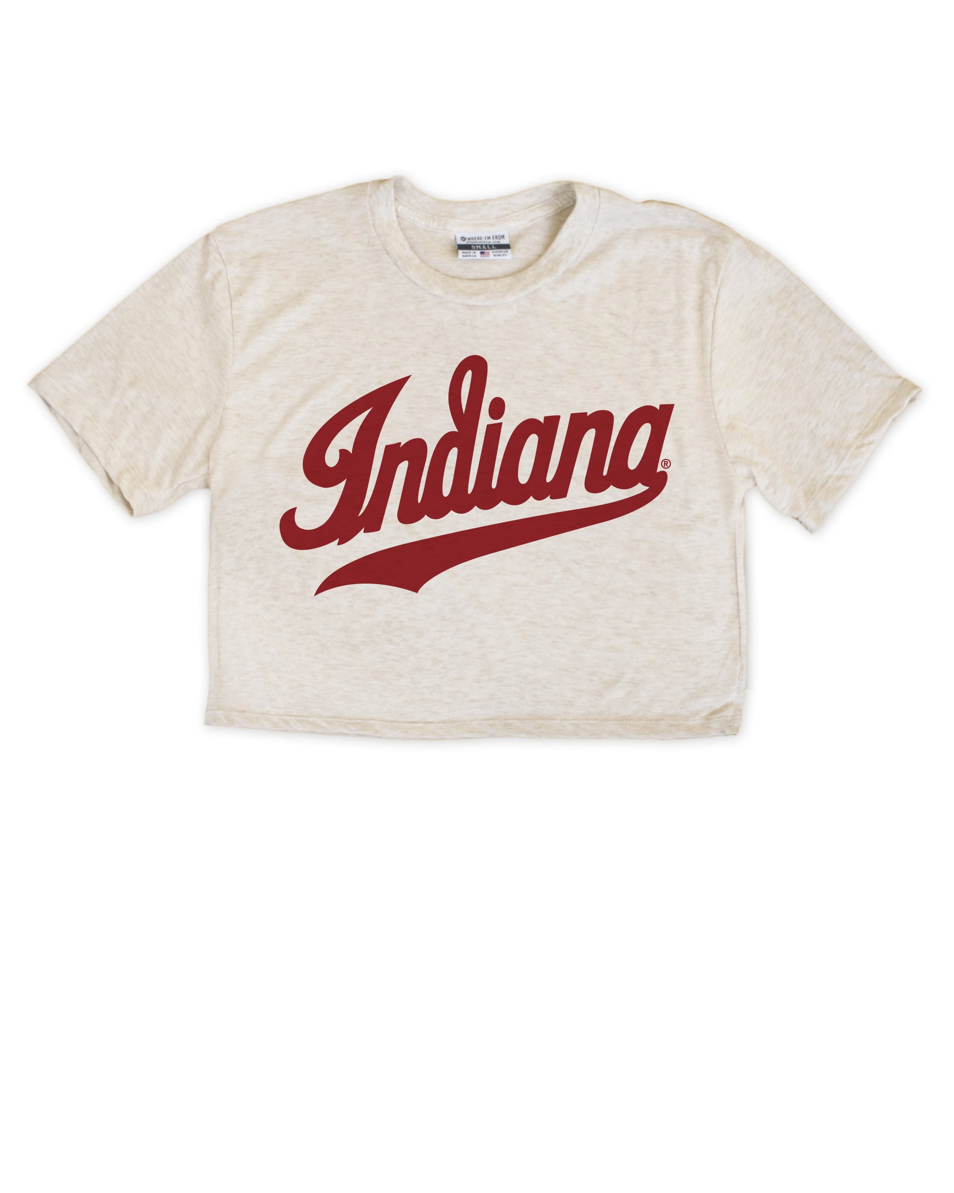 Beige t-shirt with 'Indiana' printed in red on a white background