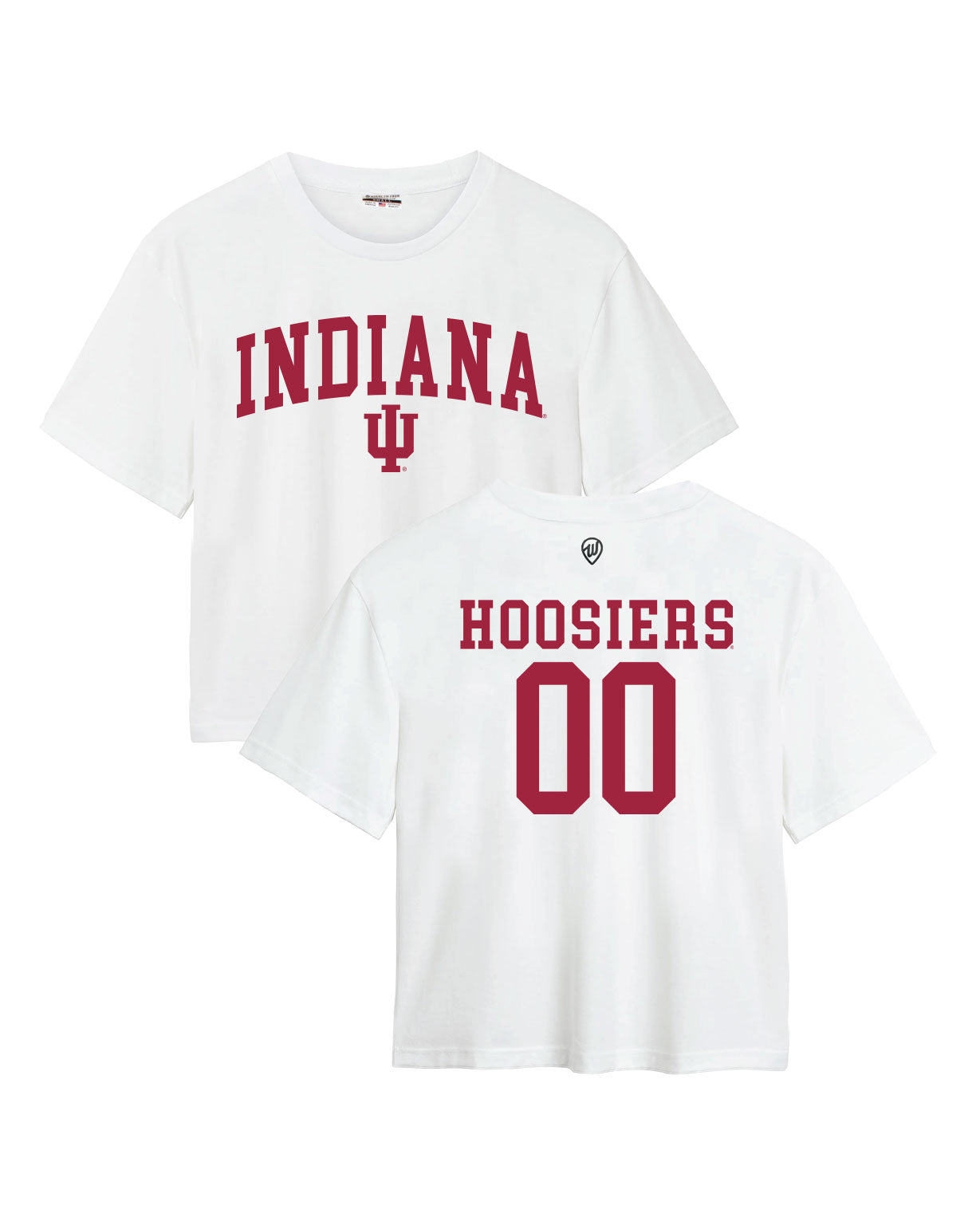 White t-shirt with 'Indiana Hoosiers' text on a white background