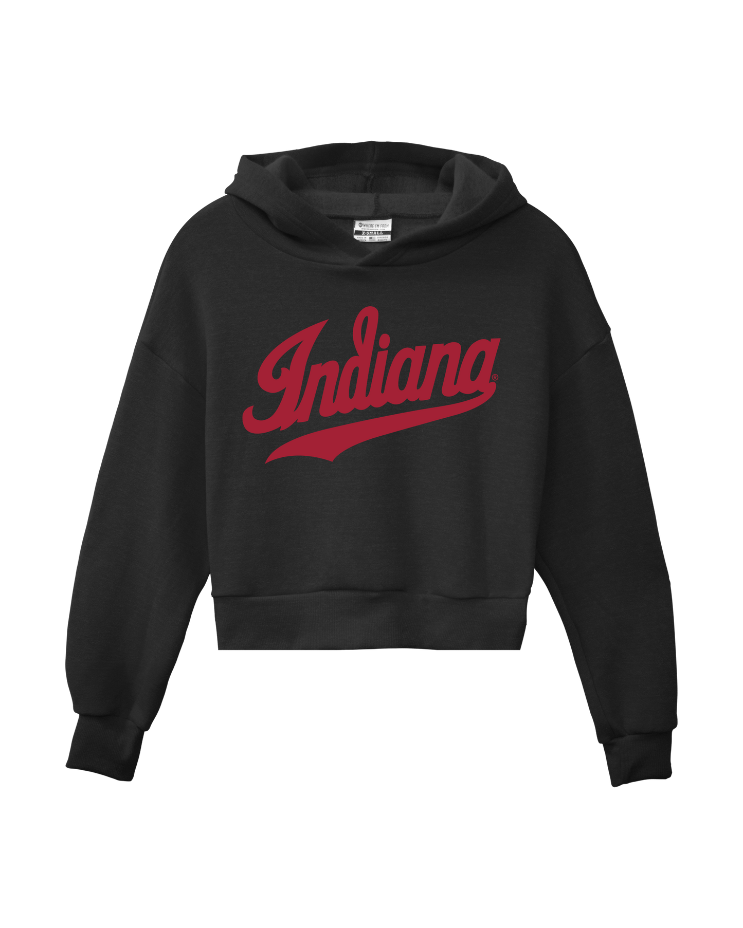 Black Indiana University hoosiers, cropped womens pullover hoodie, Indiana Script underlined.