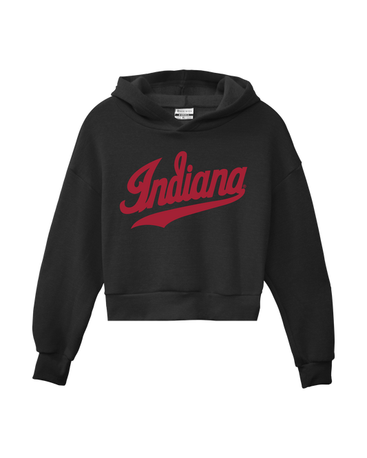 Black Indiana University hoosiers, cropped womens pullover hoodie, Indiana Script underlined.