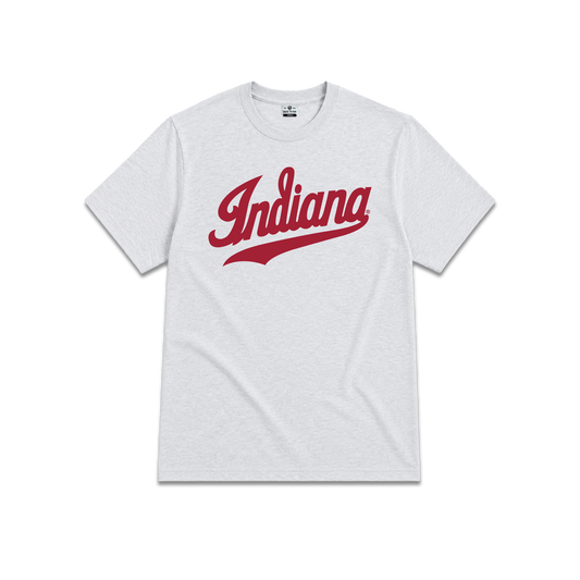 Light gray Indiana University, youth unisex tee, Indiana script underlined.