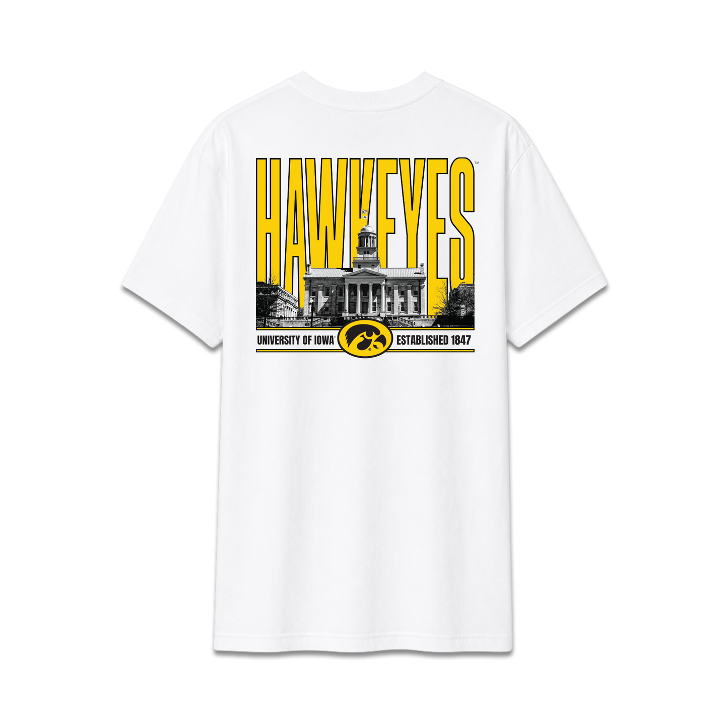 White University of Iowa Hawkeyes, unisex cotton tee, campus building, back design.