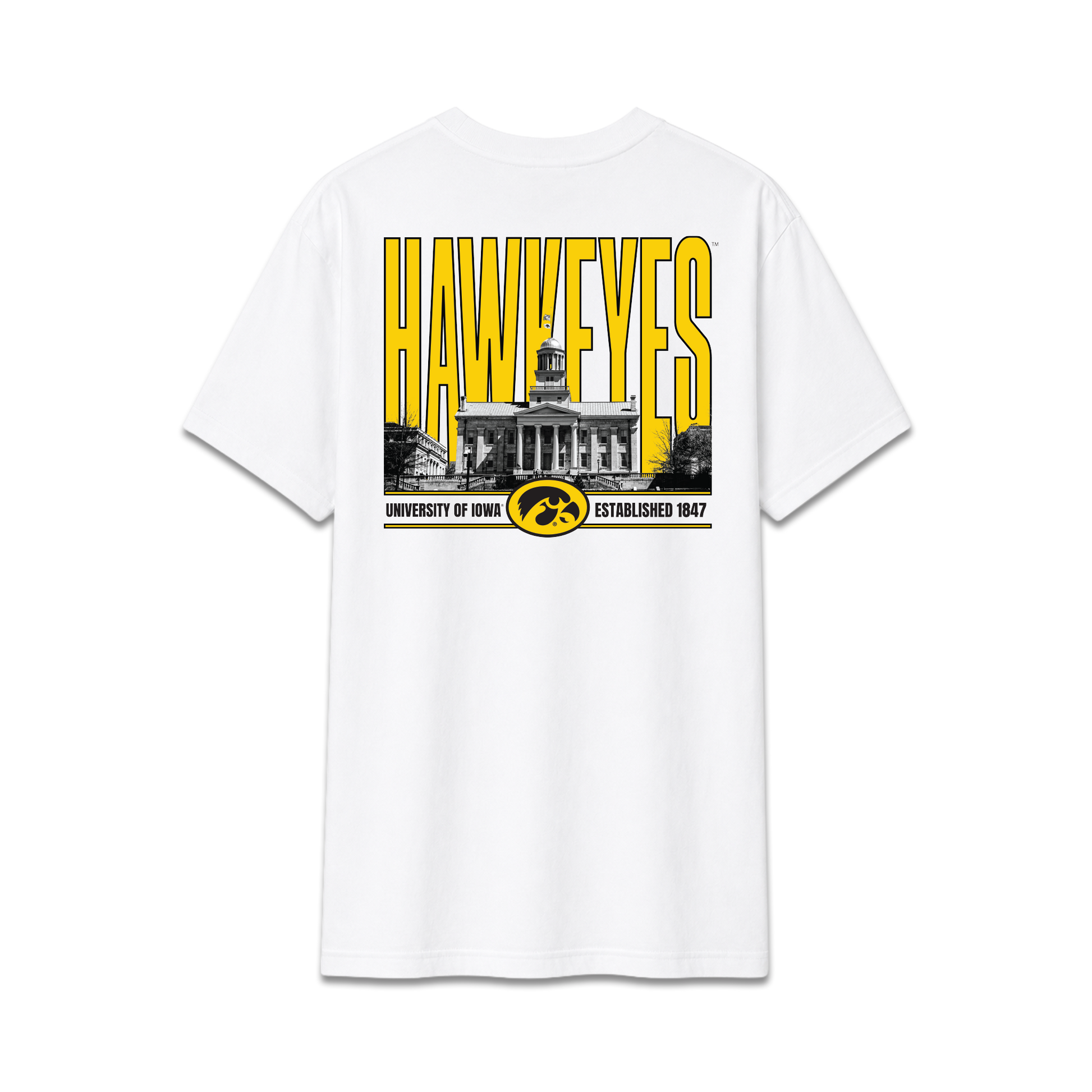 White University of Iowa Hawkeyes, unisex cotton tee, campus building, back design.