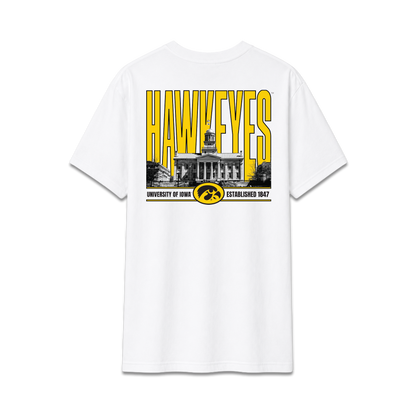 White University of Iowa Hawkeyes, unisex cotton tee, campus building, back design.
