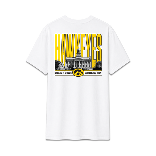 White University of Iowa Hawkeyes, unisex cotton tee, campus building, back design.