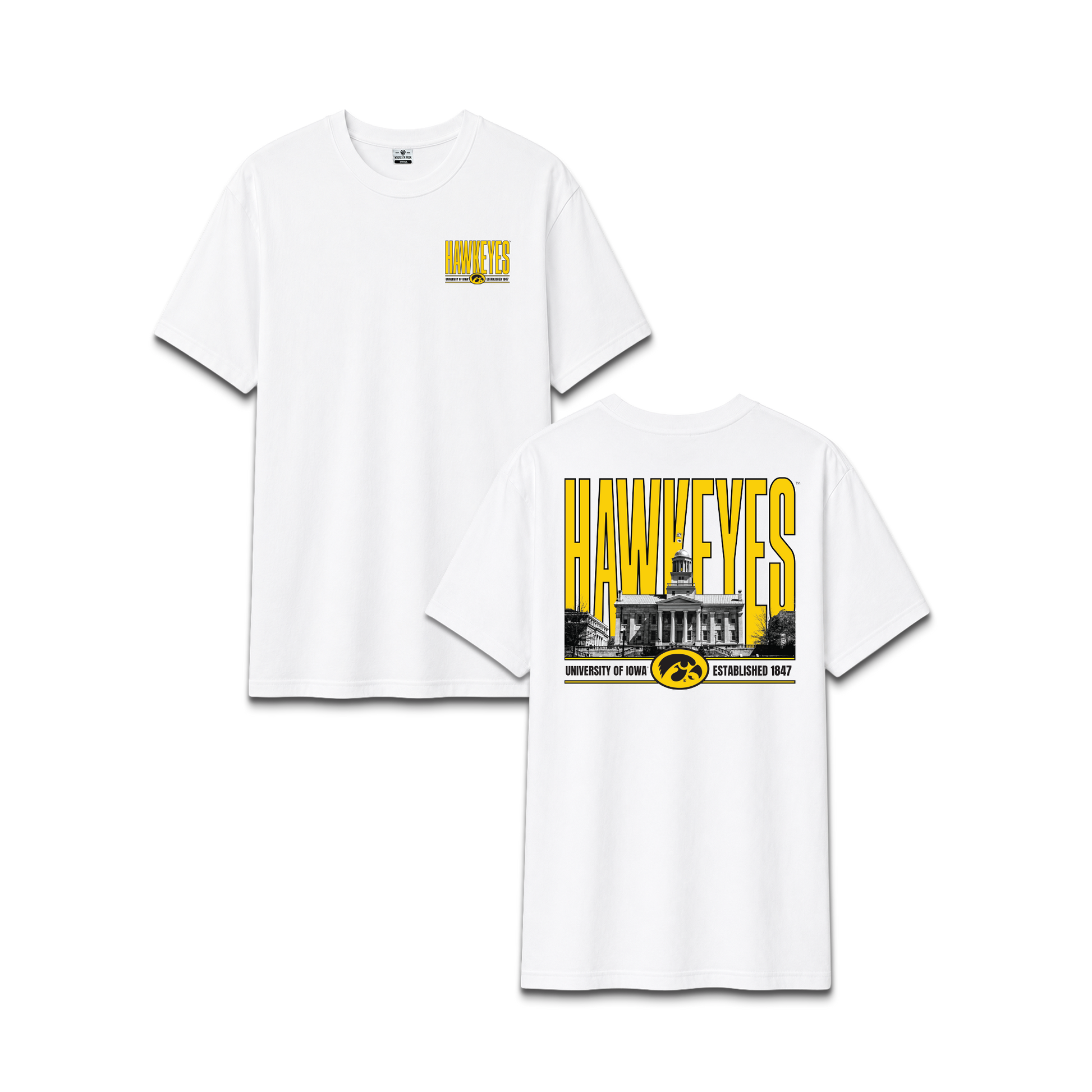 White University of Iowa Hawkeyes, unisex cotton tee, campus building, front and back design.