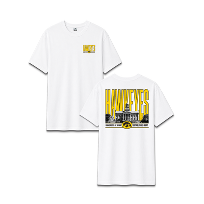 White University of Iowa Hawkeyes, unisex cotton tee, campus building, front and back design.