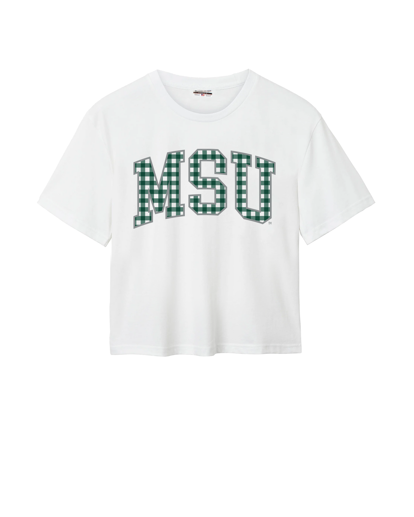 White Michigan State University Spartans, womens oversized cropped tee, MSU gingham.
