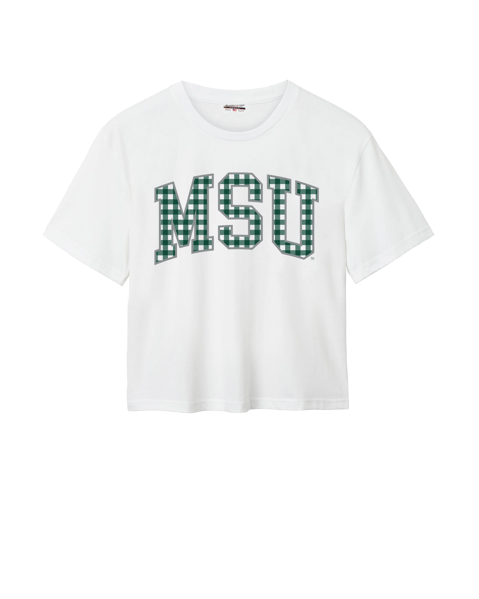 White Michigan State University Spartans, womens oversized cropped tee, MSU gingham.