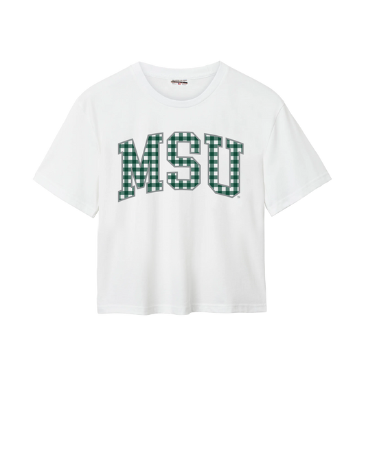 White Michigan State University Spartans, womens oversized cropped tee, MSU gingham.