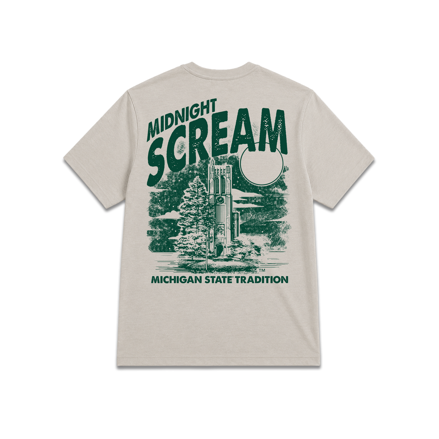Beige Michigan State University Spartans, unisex tee, Midnight scream text and dorm building back. 