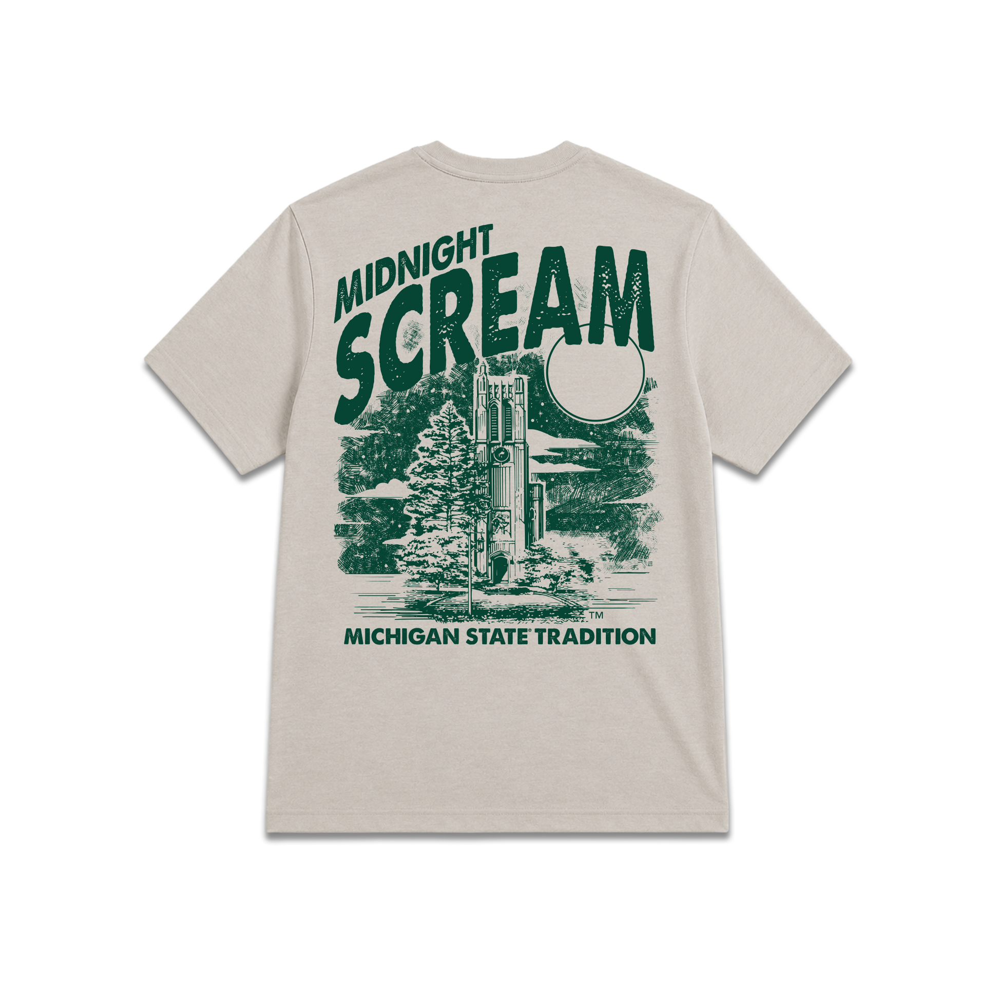 Beige Michigan State University Spartans, unisex tee, Midnight scream text and dorm building back. 