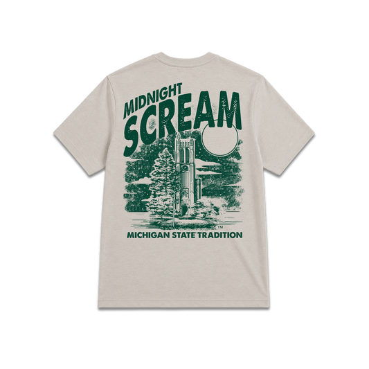 Beige Michigan State University Spartans, unisex tee, Midnight scream text and dorm building back. 