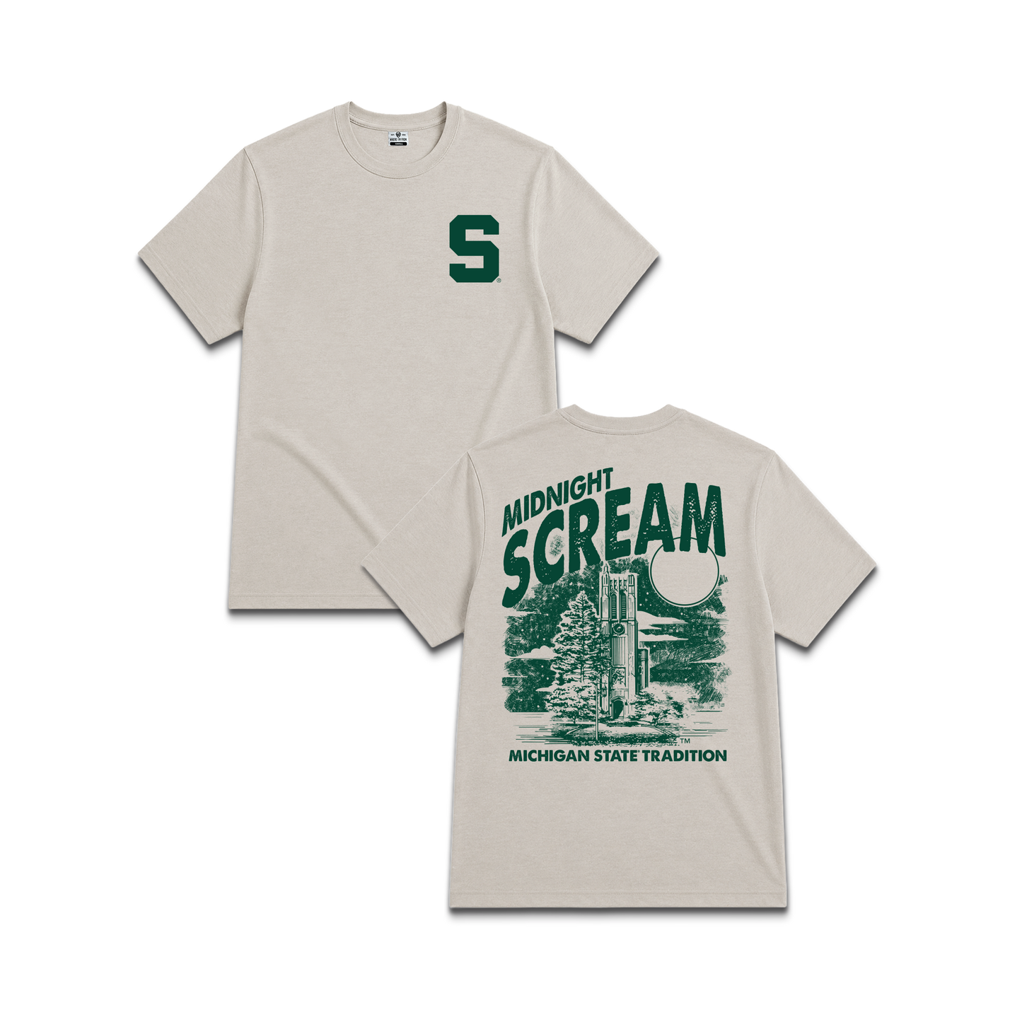 Beige Michigan State University Spartans, unisex tee, Block S front, Midnight scream text and dorm building back. 