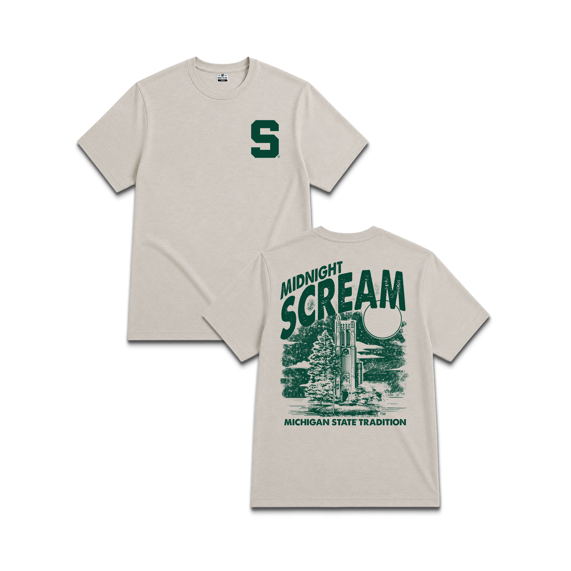 Beige Michigan State University Spartans, unisex tee, Block S front, Midnight scream text and dorm building back. 